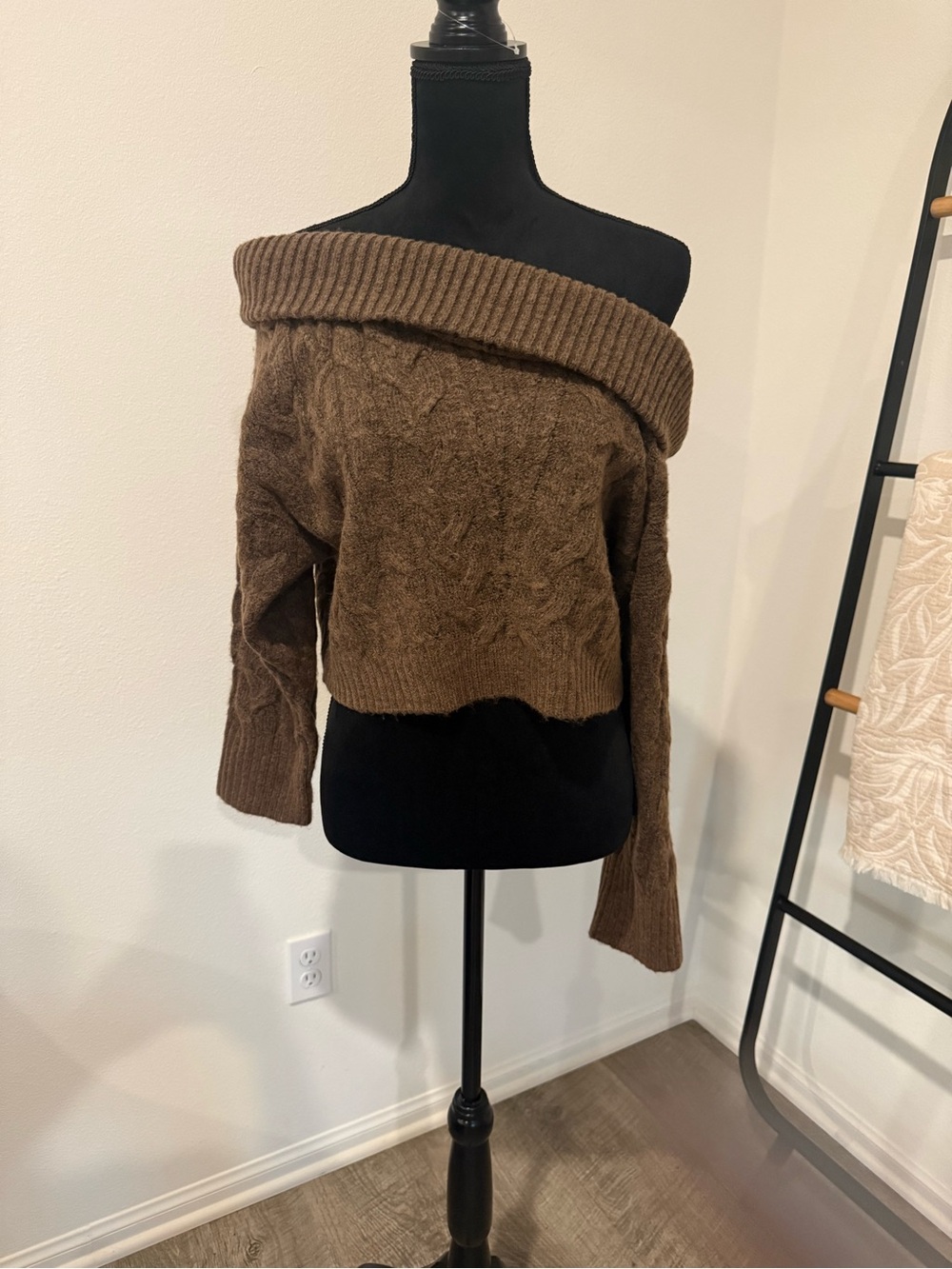 Express Brown Off-the-Shoulder Cable Knit Sweater